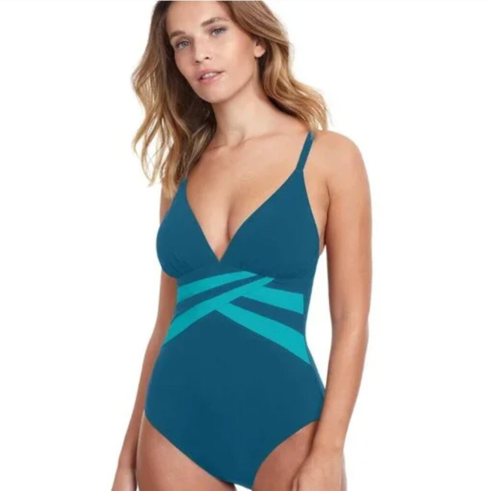 NWT $135 Gottex Slimming 1 pc Bathing Suit Turquoise Sz 14